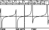 Graphing calculator screen displaying the graph of y=tan⁡(x)y = \tan(x)y=tan(x) with characteristic vertical asymptotes and repeating wave-like patterns.